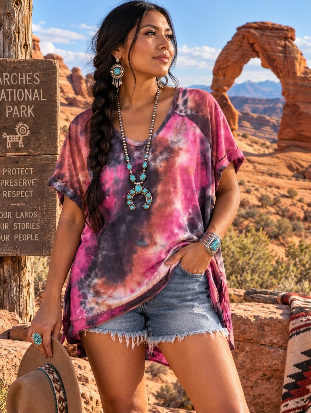 Umgee Tie Dye Boho Oversized Cotton Top Pink Plum Charcoal Size S
